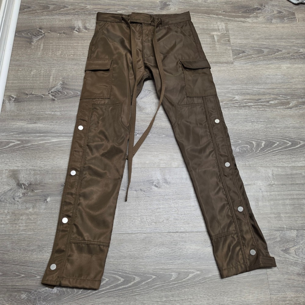 MNML Brown Nylon Snap Cargo Pants Mens 28 Tactical Streetwear Flare Trousers